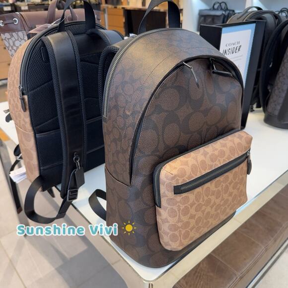 NWT Coach Men’s West Backpack In Blocked Signature Canvas CAB59 Qb/Walnut/Tan - Picture 2 of 11